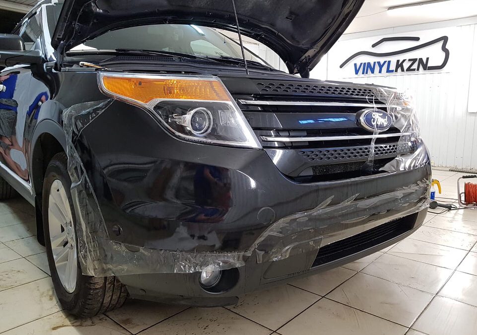 Бронирование антигравийной плёнкой Hexis Bodyfence передней части авто, зон риска, полная глубокая полировка — Ford Explorer